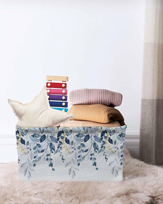 Navy Blue Eucalyptus Leaves Storage Bins Cubes Waterproof Cloth Storage Basket,Retro Country Leaf Botanical Foldable Storage Bags for Shelf Clothes Storages Organizers with Handles 15x11x9.5 in 1PCS