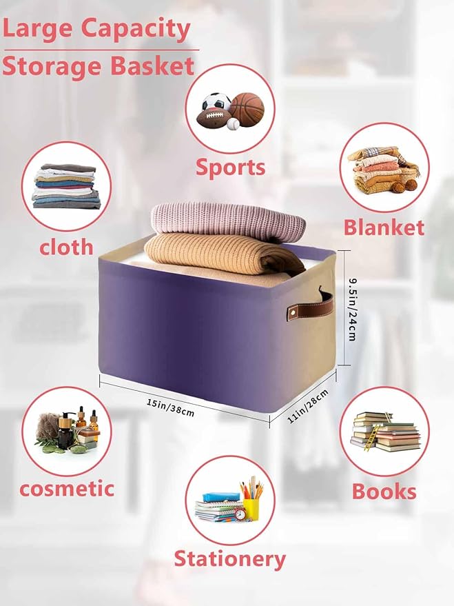 Purple Yellow Ombre Storage Bins Cubes Waterproof Cloth Storage Basket, Farmhouse Modern Gradient Art Foldable Storage Bags for Shelf Closet Clothes Storages Organizers with Handles 15x11x9.5 in 2PCS