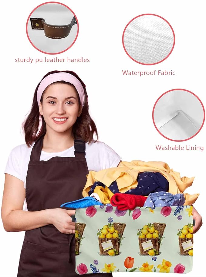 Spring Floral Storage Bins Cubes Waterproof Cloth Storage Basket, Watercolor Lemons Garden Flowers Rustic Green Foldable Storage Bags for Shelf Closet Clothes Organizers with Handles 15x11x9.5 in 1PCS