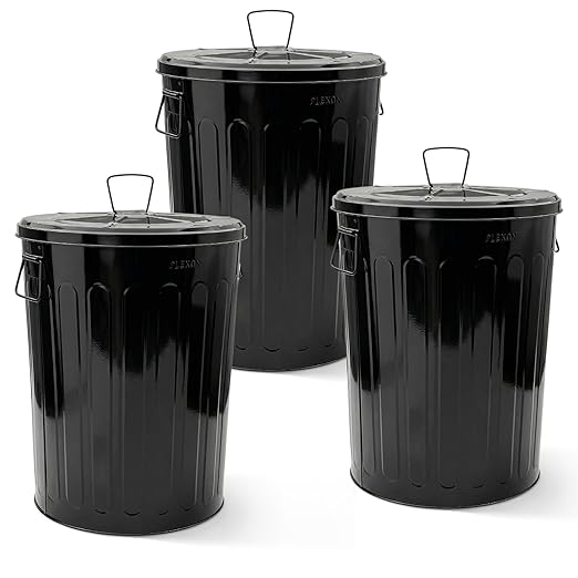 Plexon 20 Gallon Metal Trash Can with Lid Outdoor Large Trash Bin Steel Garbage Can for Garage Patio Farmhouse Bucket Bird Seed Storage Can Heavy Duty Round Container, Black 3 Pack