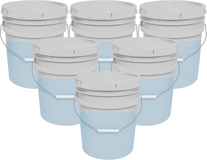 MKS Plastics 5-Gallon Bucket with Airtight Lid – Made in USA, Food Grade BPA Free Plastic, Heavy Duty Multi-Use, Metal Handle with Grip, Stackable Storage – Natural, 6 Pack