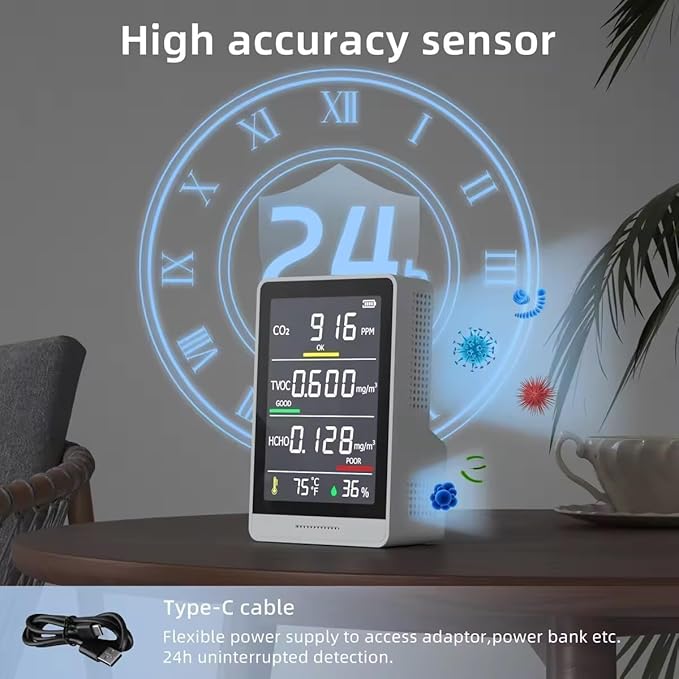 5-in-1 Professional Indoor Air Quality Monitor Indoor Portable CO2 Monitor | Temperature | Formaldehyde Detector | Humidity TVOC | Air Quality Tester - Confined Space Clean Air Monitor (Ash Gery)
