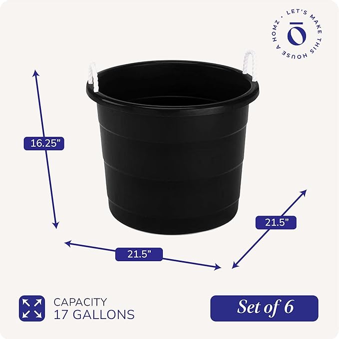 HOMZ 6-Pack Utility Tub, Large Plastic Storage Bucket with Rope Handles, 17 Gallon, Black - Portable Indoor and Outdoor Buckets for Kitchen, Laundry, Garden, Bathroom, and Garage Organization