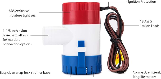 Dontmiss Submersible Boat Bilge Water Pump 12v 1100gph Non-Automatic Marine Electric Bilge Pump for Ponds, Pools, Spas Silent, Boat Caravan RV Submersible