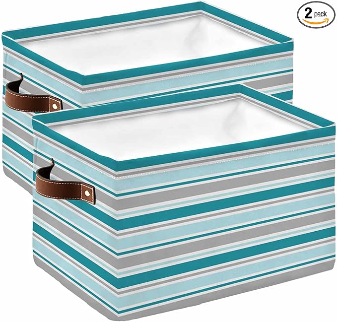 Grey Blue Striped Storage Bins Cubes Waterproof Cloth Storage Basket,Farmhouse Stripes Modern Abstract Art Foldable Storage Bags for Shelf Clothes Storages Organizers with Handles 15x11x9.5 in 2PCS