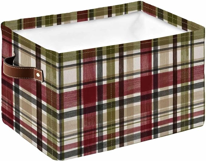 Buffalo Check Storage Bins Cubes Waterproof Cloth Storage Basket, Red Green Farmhouse Plaid Vintage Autumn Foldable Storage Bags for Shelf Closet Clothes Organizers with Handles 15x11x9.5 in 1PCS