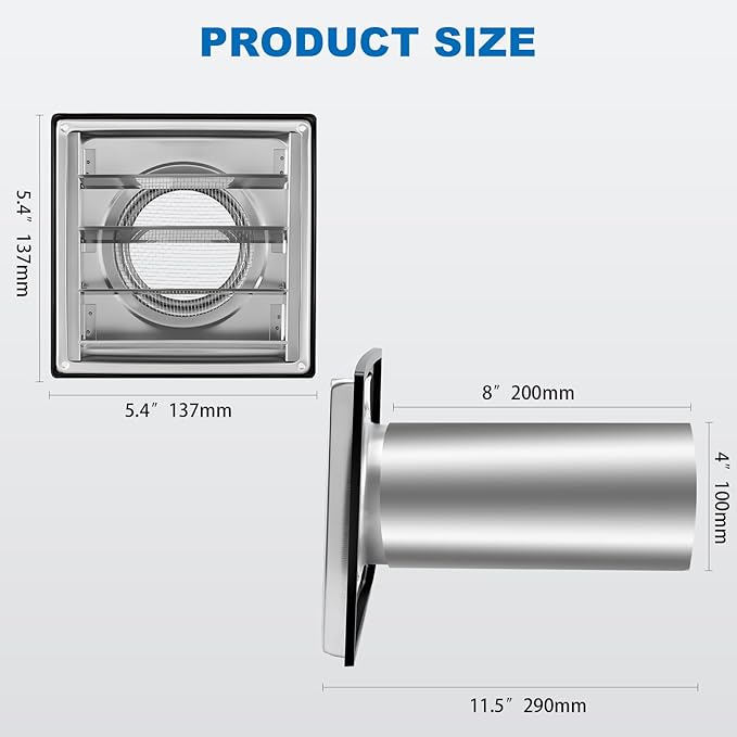 4" Metal Dryer Vent Cover Outside with Removable Extended Pipe, 304 Stainless Steel Outdoor Exterior Wall Air Vent Cover with Louvre for Dryer Vents Range Hood Vent AC Vent