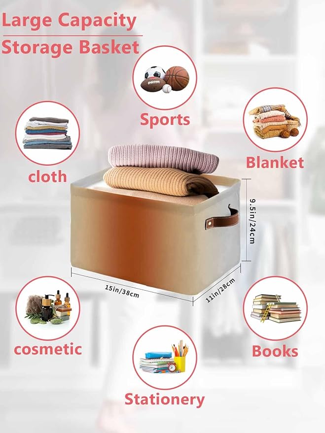 Burnt Orange Grey Ombre Storage Bins Cubes Waterproof Cloth Storage Basket,Farmhouse Gradient Minimalist Foldable Storage Bags for Shelf Clothes Storages Organizers with Handles 15x11x9.5 in 1PCS