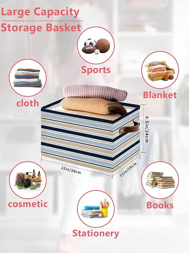 Navy Blue Khaki Striped Storage Bins Cubes Waterproof Cloth Storage Basket,Farmhouse Stripes Modern Abstract Art Foldable Storage Bags for Shelf Storages Organizers with Handles 15x11x9.5 in 1PCS