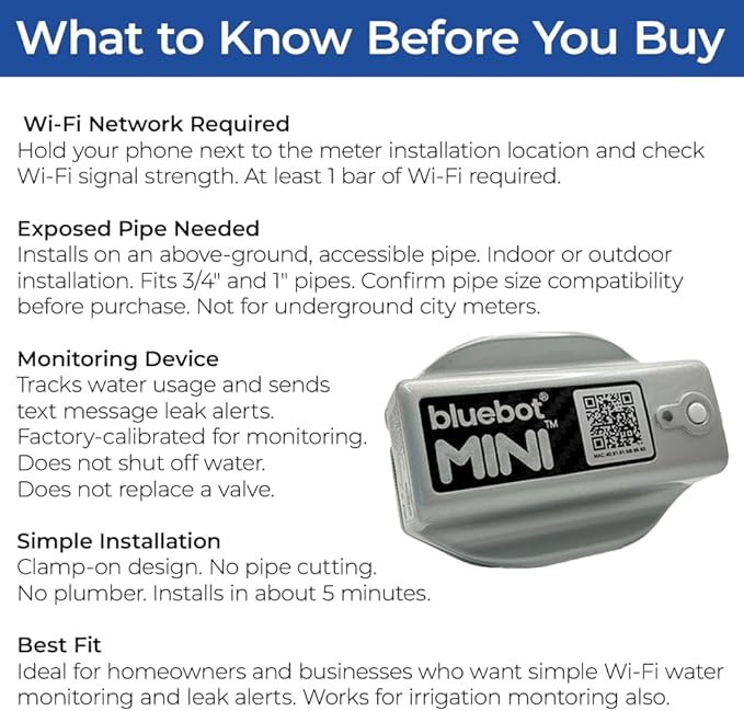 Bluebot Mini Smart Water Meter – WiFi Water Usage Monitor & Leak Detector, Clamp-On Ultrasonic Flow Meter, Real-Time App Monitoring, Easy DIY Install, Fits 3/4” and 1” Pipes, Indoor/Outdoor, Bundle 3
