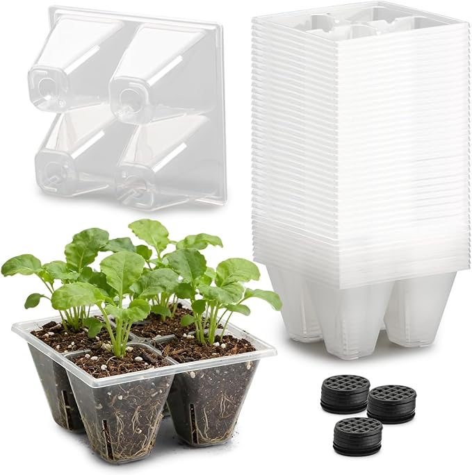 RooTrimmer 40 Pack Reusable 4-Cell Seed Starter Trays with Large Drainage Holes - Clear Transparent Trays for Root Growth Monitoring, Avoids Overwatering, Easy Transplant, Fits Standard 1020 Trays