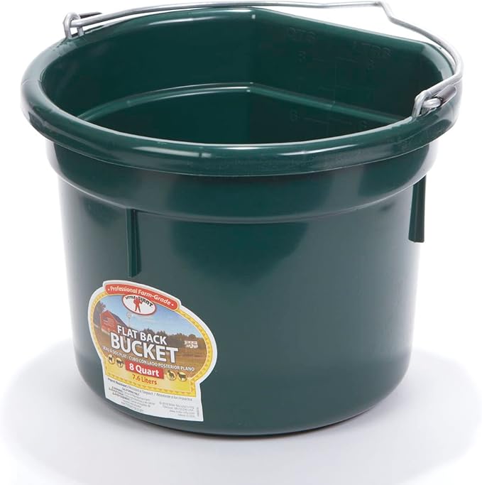 Little Giant® Flat Back Plastic Animal Feed Bucket | Animal Feed Bucket with Metal Handle | Horse Stall Feeding and Watering Supplies (Green, 8 Quart)