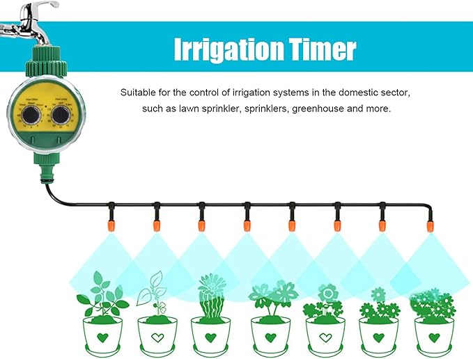 Automatic Irrigation Timer Water Sprinkler, Two - Dial Electronic Garden Controller with Waterproof ABS, Green - Up to 16 Daily Waterings, Adjustable Valve Timing for Outdoor Hos