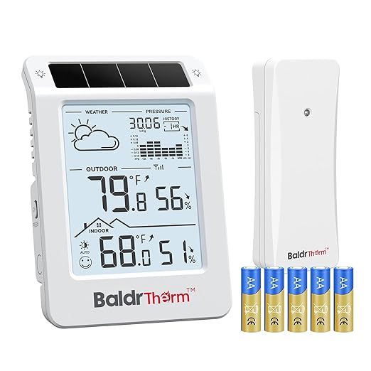 BaldrTherm Outdoor Indoor Thermometer Wireless Weather Station, Dual-Zone Childroom Temp Humidity Monitor, Auto Smart Backlight,Temp/Humidity/Barometric Trend Visualization, White&White