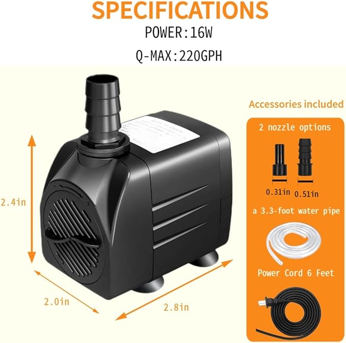 220GPH Submersible Water Pump Ultra Quiet - Adjustable Flow Control, 6ft Water Lift, 2 Nozzles Included for Aquarium, Pond Fountain, Hydroponics, Water Feature