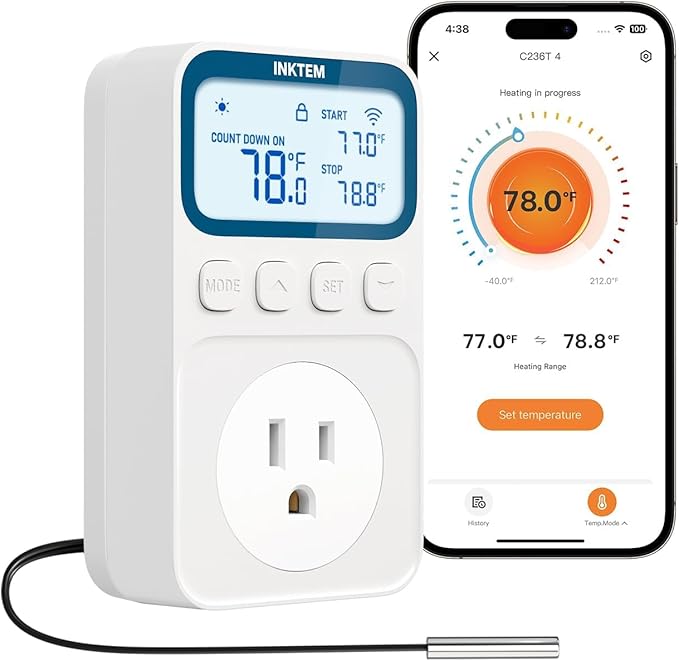 WiFi Plug in Thermostat Outlet, Temperature Controlled Outlet with Smart APP, Timer & Memory Digital Temp Controller -40~212℉, IP67 Waterproof Probe for Incubator Homebrew Reptile Space Heater