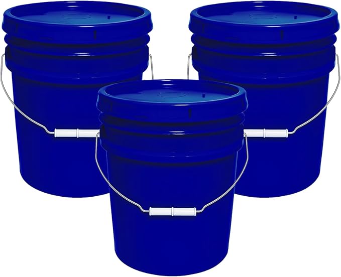 MKS Plastics 5-Gallon Bucket with Airtight Lid – Made in USA, Food Grade BPA Free Plastic, Heavy Duty Multi-Use, Metal Handle with Grip, Stackable Storage – Fina Blue, 3 Pack