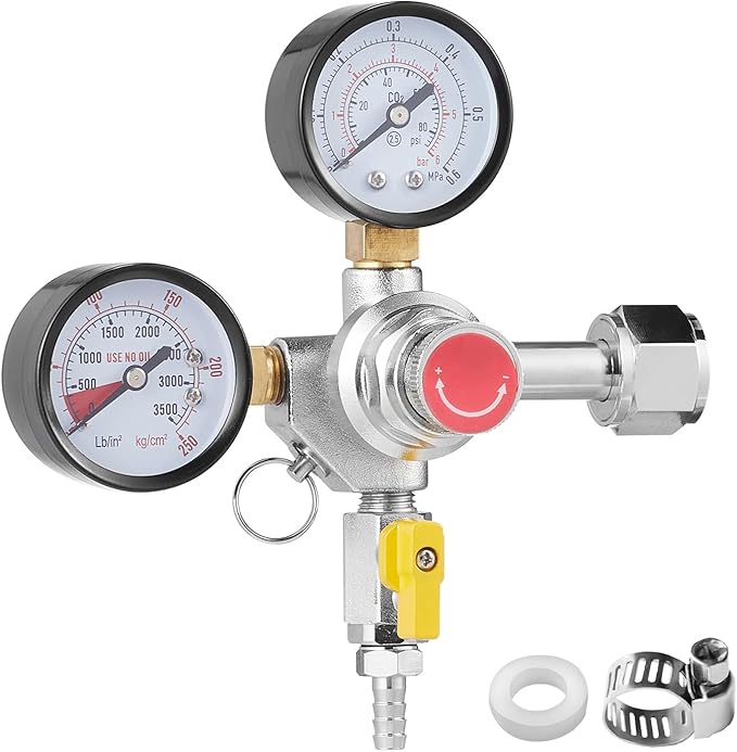 VEVOR Double Gauge Regulator, CO2 Regulator Gauge with 0-60PSI, Heavy Duty CO2 Gauge Gas System, Draft Beer Regulator with Check Valve, Adjustable Pressure Regulator for Draft Beer Homebrew, CGA320