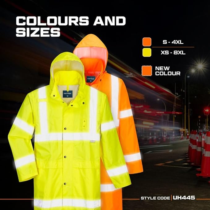 Portwest UH445 Men's Classic Raincoat Waterproof Hi Vis Reflective Long Rain Jacket ANSI Class 3 Yellow
