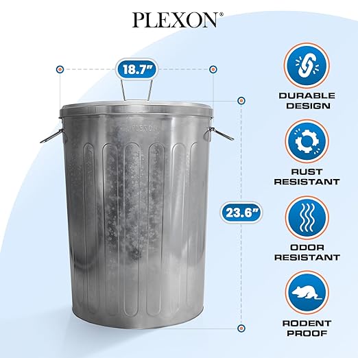 Plexon 20 Gallon Metal Trash Can with Lid Outdoor Large Trash Bin Galvanized Steel Garbage Can for Farm Garage Patio Ash Bucket Bird Seed Storage Can Heavy Duty Round Container