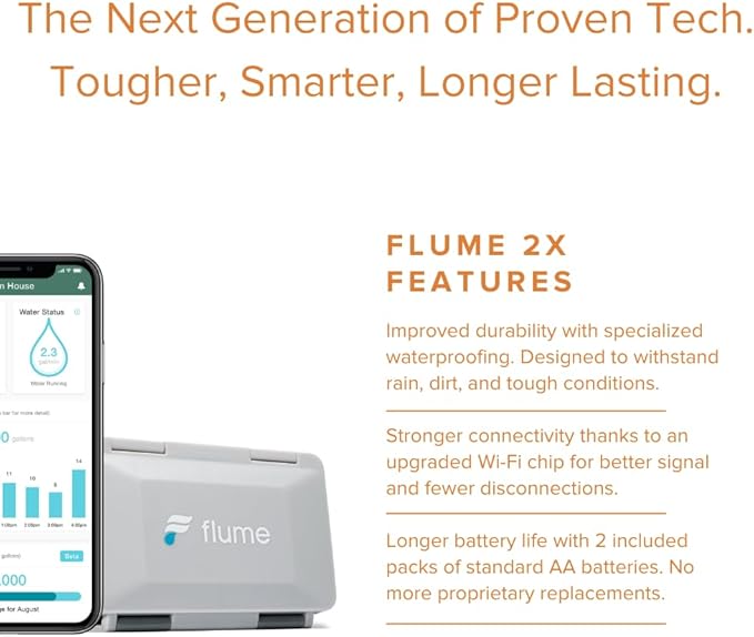 Flume 2X Smart Home Water Monitor and Leak Detector (Newest Model) – Real-Time Water Usage Tracking, Indoor/Outdoor Leak Alerts, Irrigation & Sprinkler Monitoring, Easy No-Plumbing Installation