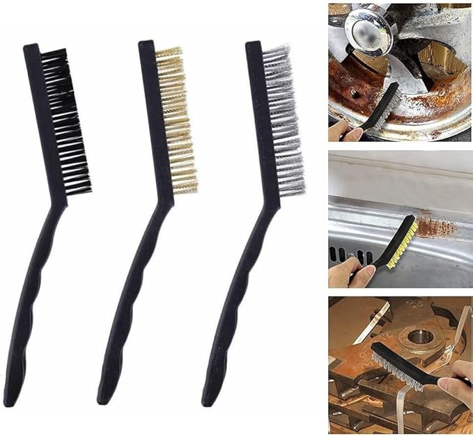 Heavy Duty Mini Wire Brush Set for Rust Removal Engine Cleaning Upholstery and Plastic Surfaces – Steel Brass Nylon Brushes with 9 Inch Handle(Steel)