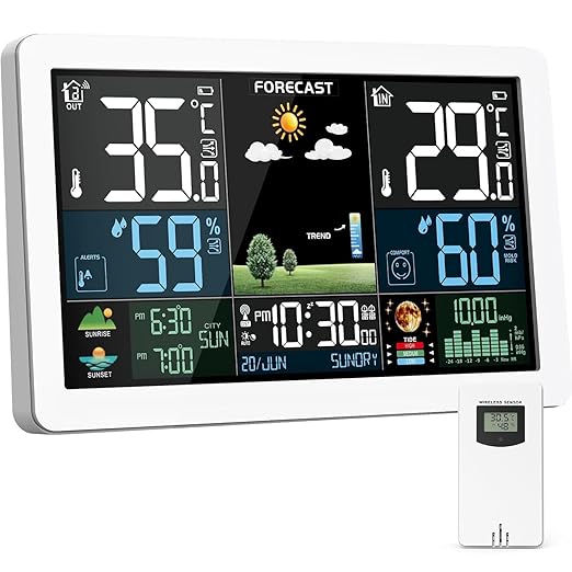 Weather Station Wireless Indoor Outdoor, Thermometer Wireless with Remote Sensor, Home Weather Station, Color Display Digital Weather Forecast, Humidity, Atomic Clock, Air Pressure for Home