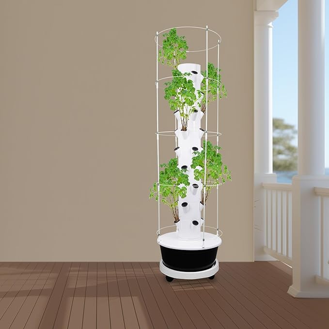 Hydroponic Growing Tower with Climbing Trellis, 30L Water Tank & Automatic Timer, Indoor Outdoor Vertical Garden System for Vegetables Herbs Strawberries (Black - 36 Holes)