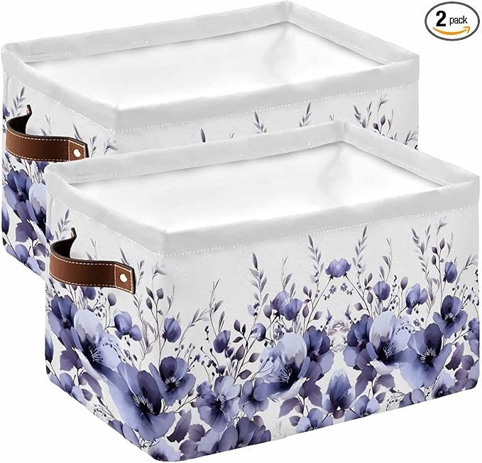 Purple Blooms Floral Storage Bins Cubes Waterproof Cloth Storage Basket,Farmhouse Spring Flowers Botanical Foldable Storage Bags for Shelf Clothes Storages Organizers with Handles 15x11x9.5 in 2PCS