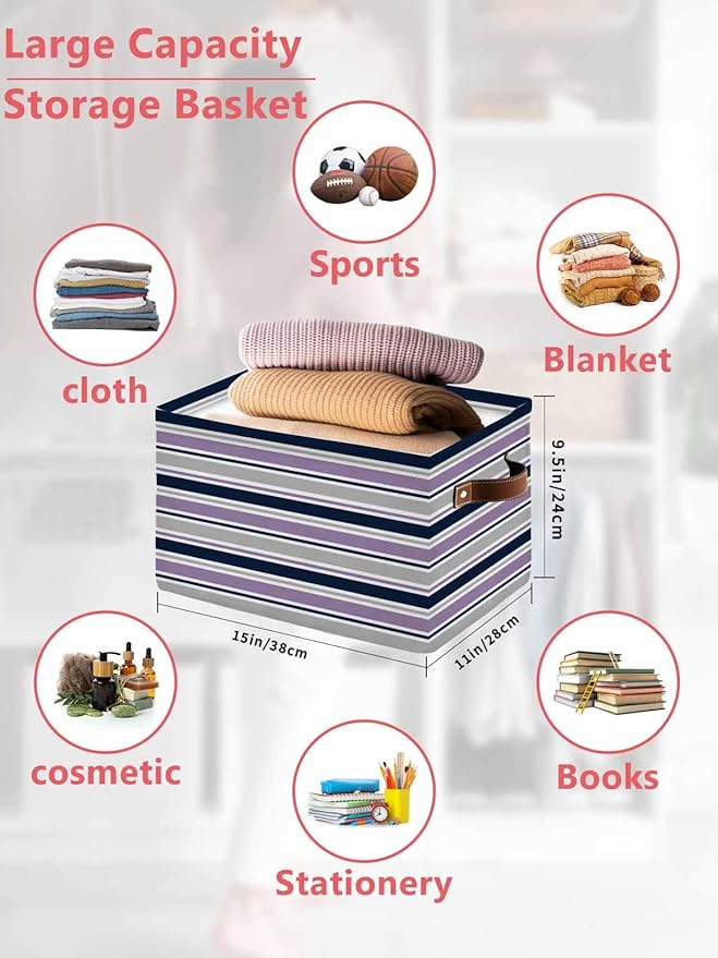 Purple Grey Striped Storage Bins Cubes Waterproof Cloth Storage Basket,Farmhouse Stripes Modern Abstract Art Foldable Storage Bags for Shelf Clothes Storages Organizers with Handles 15x11x9.5 in 1PCS