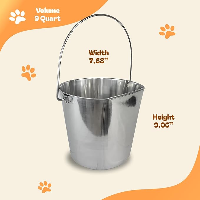 ADVANCE PET PRODUCTS 9 Quart Heavy Duty Stainless Steel Flat Side Bucket | Durable Food & Water Pail for Dogs, Cats, Kennels, Cages and Critter Crates | Multi-Purpose Bucket