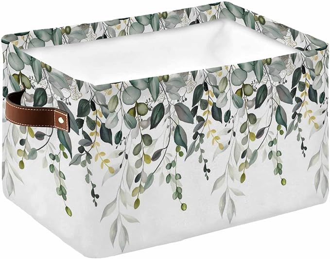 Green Eucalyptus Storage Bins Cubes Waterproof Cloth Storage Basket,Watercolor Spring Weeping Botanical Foldable Storage Bags for Shelf Clothes Storages Organizers with Handles 15x11x9.5 in 1PCS