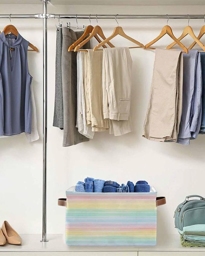 Colorful Striped Storage Bins Cubes Waterproof Cloth Storage Basket, Farmhouse Vertical Striped Watercolor Foldable Storage Bags for Shelf Closet Clothes Organizers with Handles 15x11x9.5 in 1PCS
