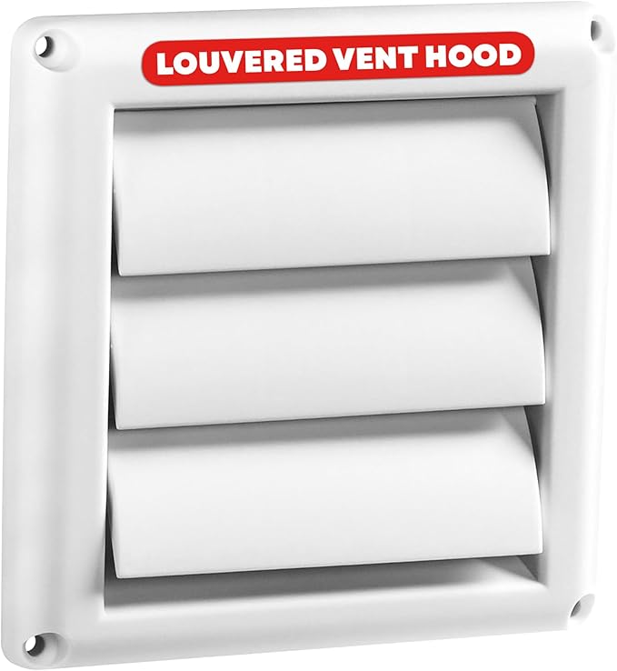 Deflecto Supurr-Vent 4” Outdoor Dryer Vent Cover White Louvered Wall Hood with Gravity Damper for Backdraft Prevention, Fits Standard 4” Dryer Exhaust Pipe, Weather & UV-Resistant, Durable 6"x6" Face