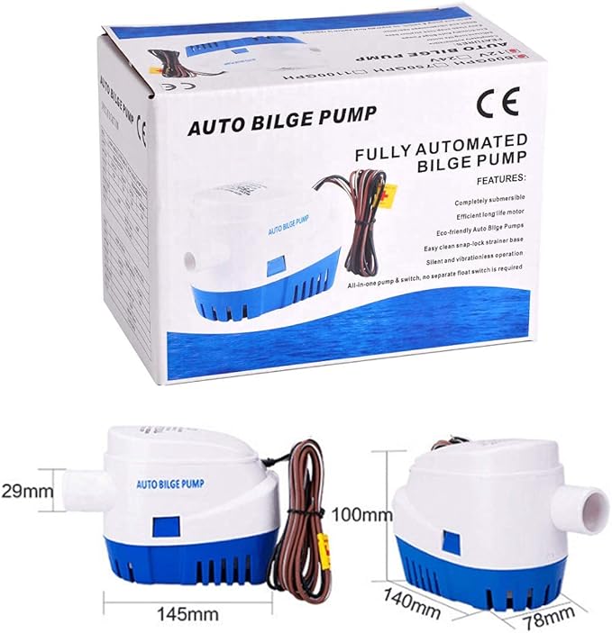 1100 GPH Automatic Bilge Pump - 12V, 1-1/8"(29mm) Outlet, Submersible Boats Water Pump with Float Switch, Snap-Off Strainer, Easy Install for Boat, Marine, Canvas,Ponds