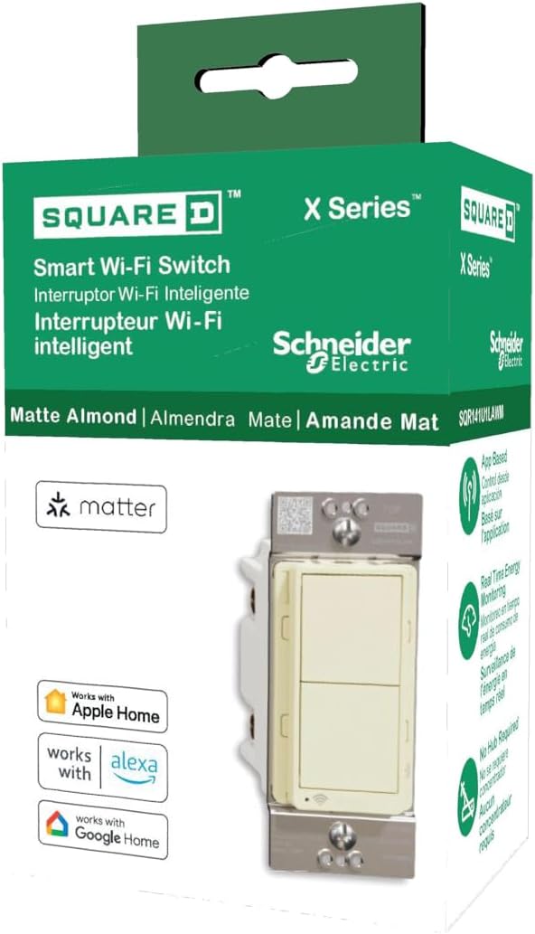Square D by Schneider Electric X Series 15 Amp WiFi Energy Monitoring Light Switch, Single-Pole/3-way, 600 Watt, Rocker, Matter Certified, Works with Alexa, Google Home, Apple Home, Matte Light Almond
