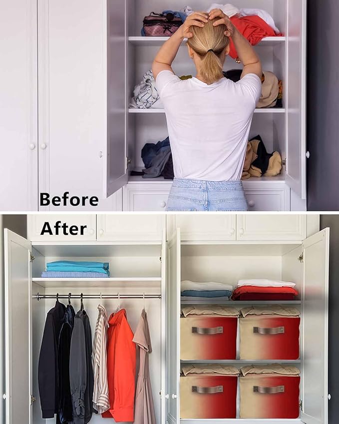 Dark Red Yellow Ombre Storage Bins Cubes Waterproof Cloth Storage Basket, Farmhouse Modern Gradient Art Foldable Storage Bags for Shelf Clothes Storages Organizers with Handles 15x11x9.5 in 2PCS