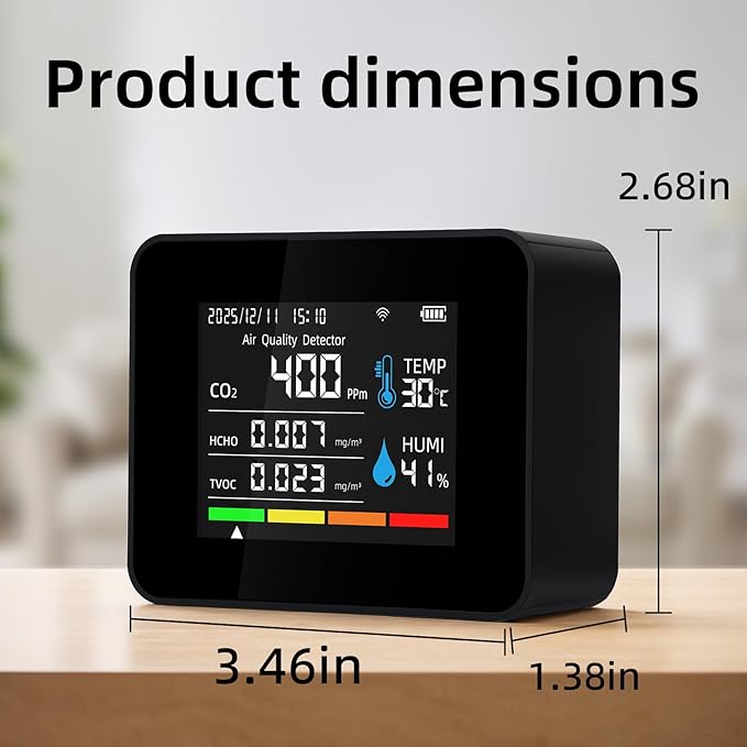 Smart Air Quality Monitor, Indoor Air Quality Meter with HCHO, CO2, PM2.5 PM10,PM1.0, TVOC, AQI, Temperature & Humidity,Time&Date,Alarm, 1-Year Data Storage, App Control for Home & Office