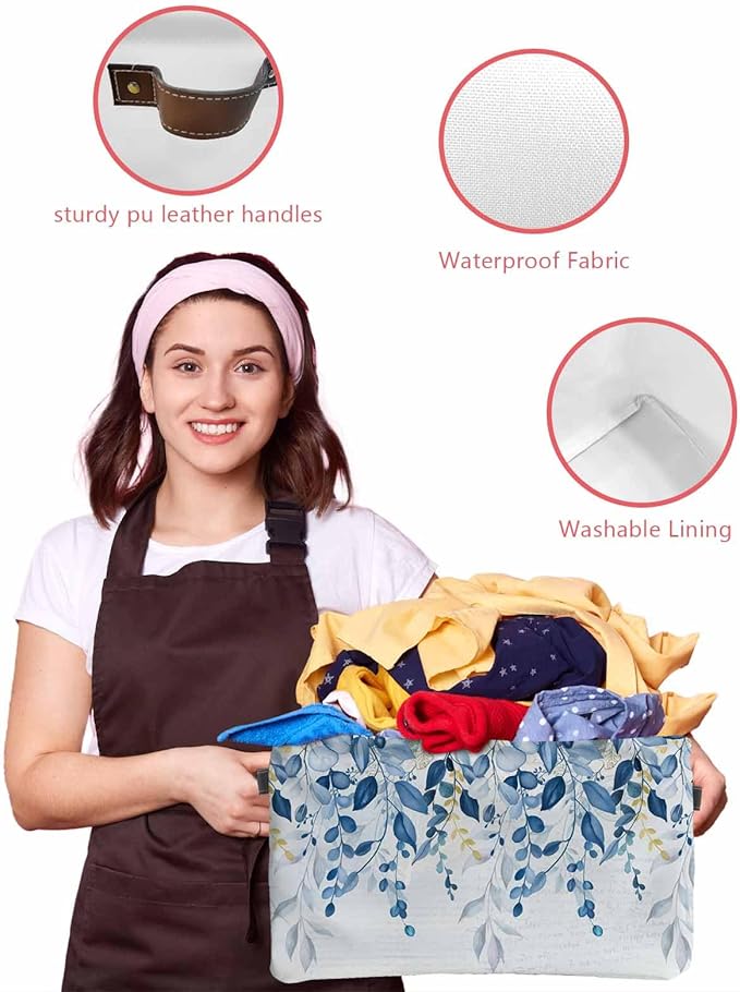 Blue Eucalyptus Leaves Storage Bins Cubes Waterproof Cloth Storage Basket,Watercolor Botanical Weeping Leaf Foldable Storage Bags for Shelf Clothes Storages Organizers with Handles 15x11x9.5 in 2PCS