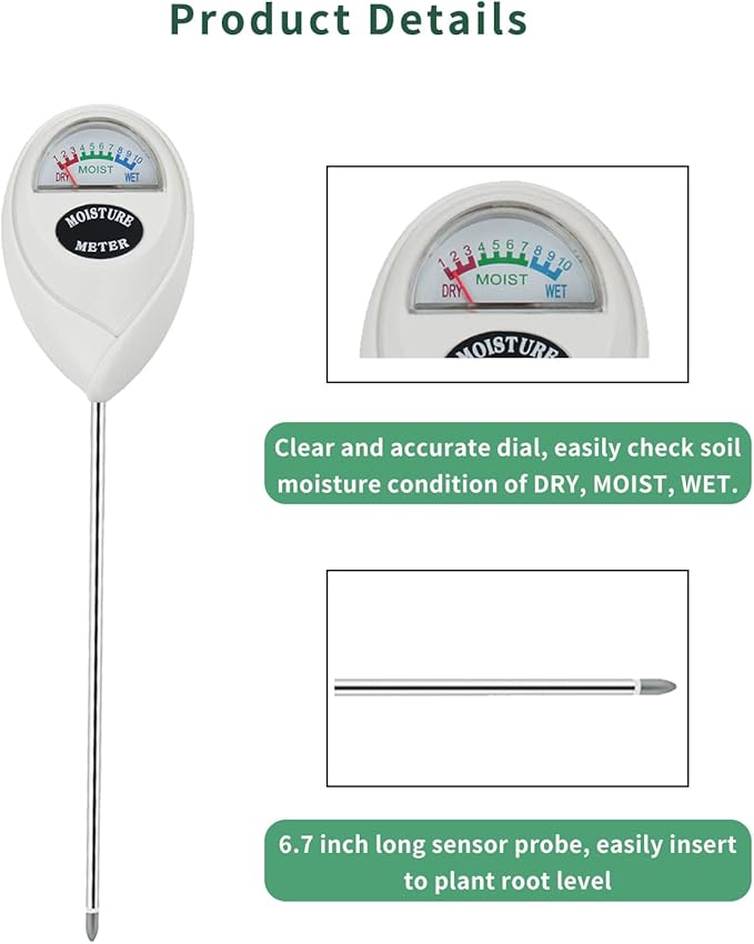 Censinda Soil Moisture Meter, Soil Moisture Monitor for House Plants, Soil Hygrometer Moisture Sensor for Indoor & Outdoor, Garden, Farm, Lawn Plant Care, No Battery Needed(White)