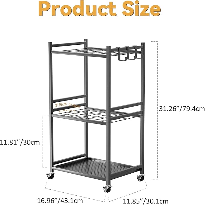 Garden Tool Organizer Stand, 35 Slots Storage Rack with lockable Wheels and Hooks, Iron Construction, 4 Shelves Fit for Long-Handled Tools/Rakes/Brooms