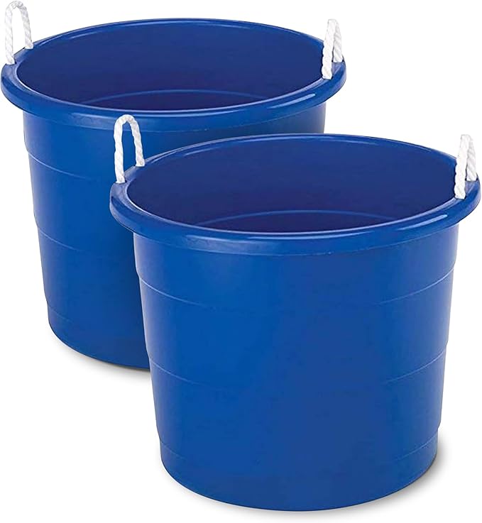 HOMZ 2-Pack Utility Tub, Large Plastic Storage Bucket with Rope Handles, 18 Gallon, Blue - Portable Indoor and Outdoor Buckets for Kitchen, Laundry, Garden, Bathroom, and Garage Organization