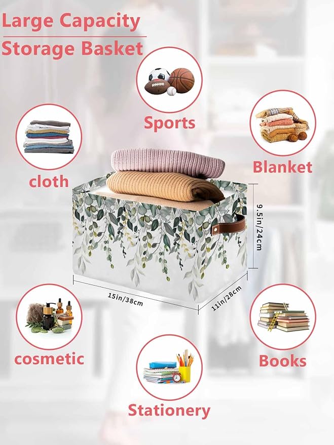 Green Eucalyptus Storage Bins Cubes Waterproof Cloth Storage Basket,Watercolor Spring Weeping Botanical Foldable Storage Bags for Shelf Clothes Storages Organizers with Handles 15x11x9.5 in 2PCS