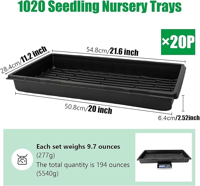 RooTrimmer 20 Pack 1020 Trays, No Drain Holes, 20" x 10", Extra Thick Heavy Duty Seed Starting Trays -Reusable Propagation Flats for Microgreens, Seedlings, Plant Germination, Fodder and Transplant