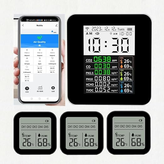16-in-1 Smart WiFi Air Quality Monitor CO2 CO TVOC HCHO PM2.5 PM10 & Weather Stations Wireless Indoor Outdoor Thermometer with Multiple sensors,Air Quality Tester for Bedroom, Smart Home 2CO15-3