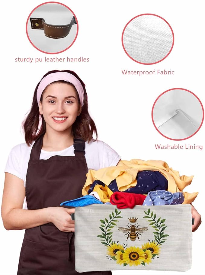 Sunflowers Bees Storage Bins Cubes Waterproof Cloth Storage Basket,Spring Farmhouse Honey Flowers Leaves Foldable Storage Bags for Shelf Clothes Storages Organizers with Handles 15x11x9.5 in 2PCS