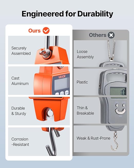 VEVOR Digital Crane Scale, 660 lbs/300 kg, Industrial Heavy Duty Hanging Scale with Cast Aluminum Case & LCD Screen, Handheld Mini Crane with Hooks for Farm, Hunting, Fishing, Outdoor, Garage (Orange)