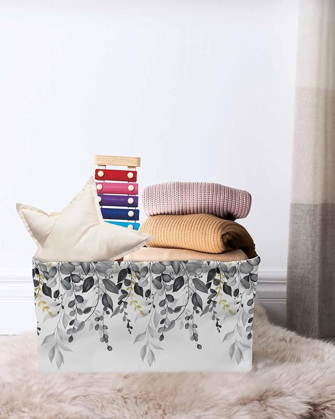 Grey Eucalyptus Storage Bins Cubes Waterproof Cloth Storage Basket, Watercolor Spring Weeping Botanical Foldable Storage Bags for Shelf Clothes Storages Organizers with Handles 15x11x9.5 in 1PCS