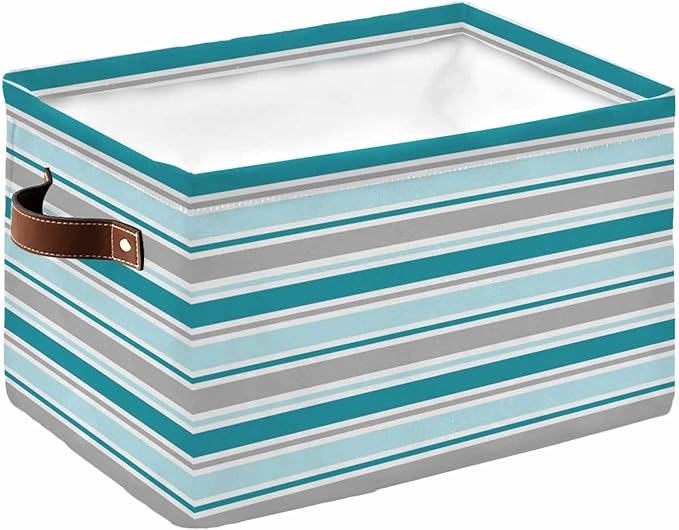 Grey Blue Striped Storage Bins Cubes Waterproof Cloth Storage Basket,Farmhouse Stripes Modern Abstract Art Foldable Storage Bags for Shelf Clothes Storages Organizers with Handles 15x11x9.5 in 1PCS