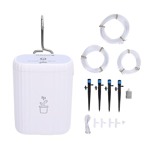 Eujgoov WiFi Automatic Plant Waterer Irrigation Drip System with App Control for Indoor Plants, 1800mAh Battery, 4 Drippers, Water Hose